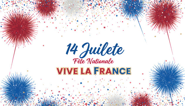 Bastille Day celebration banner with 14 Juilete Vive La France text, festive blue white and red fireworks, French National Day holiday illustration isolated PNG with Transparent Background