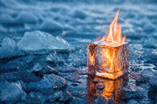 A burning cube of ice among ice shards. Space for text.