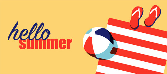Hello Summer Horizontal Banner Template with Aerial View of Striped Beach Towel, Colorful Beach Ball, and Red Flip Flops on Warm Yellow Background. Retro Flat Vector Design for Social Media, Travel © NancyPants