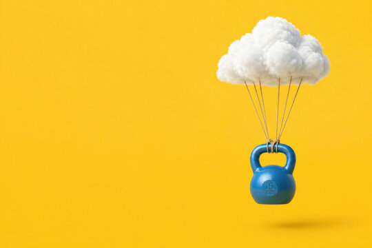 A blue kettlebell with a parachute cloud on a yellow background. Space for text.