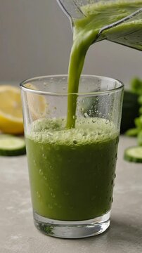 Fresh green juice pouring into glass from blender healthy detox drink with cucumber and lemon in background