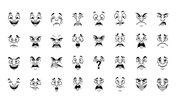 Cartoon face expressions collection diverse emotions for animation graphic design and character development projects