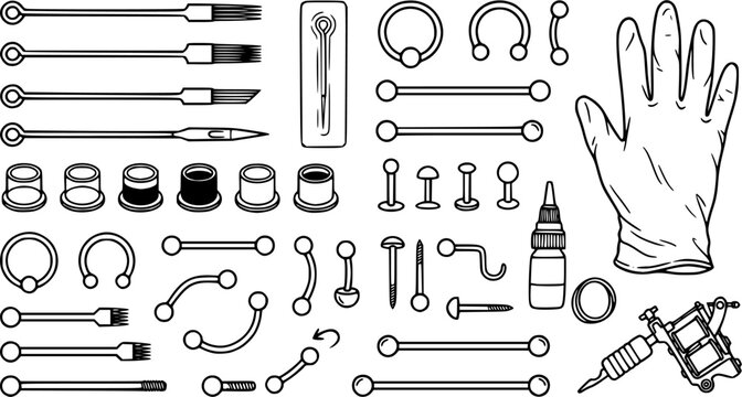 Black line tattoo and piercing studio vector set, needles, ink caps, piercing jewelry and gloves isolated on white background, body art outline illustration