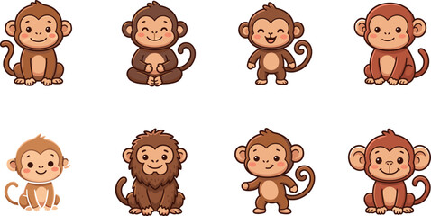 Obraz premium Adorable Monkey Cartoon Character Collection Vector Illustration Featuring Cute Jungle Primates for Kids Nursery Education and Wildlife Design Projects