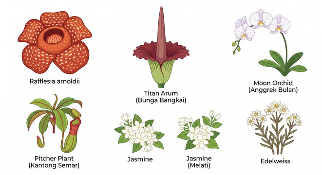 Comprehensive Indonesian endemic plants vector set. Rafflesia, Titan Arum, Jasmine, Moon Orchid, Pitcher Plant. Clean modern flat design. Isolated on white background.