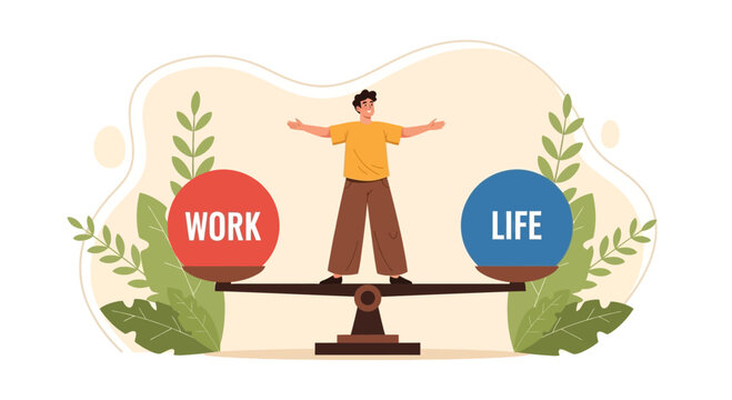 A man standing on a balance scale weighing work and life.