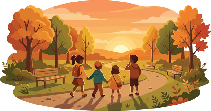Cute kids with backpacks exploring autumn forest trail under golden sunset sky with orange fall trees vector background