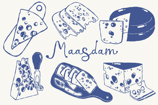 Maasdam cheese wedges and Dutch dairy products in sketch style