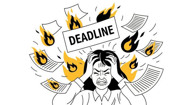 Stressed businesswoman feeling overwhelmed by urgent work deadlines and flaming documents.