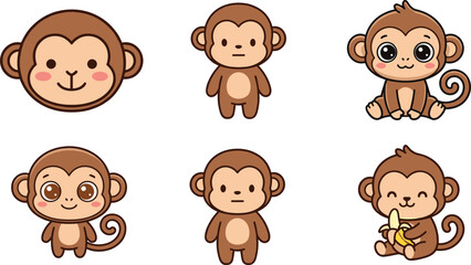 Fototapeta premium Cute Monkey Cartoon Character Collection Vector Illustration Featuring Adorable Jungle Primate Mascots for Kids Education Nursery and Animal Design Projects