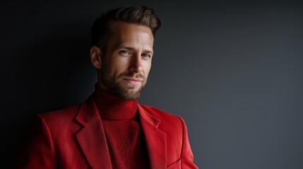 Obraz premium Dressed in a bold red ensemble, the man stands confidently against a dark backdrop. His expression is charming and self-assured, reflecting a spirit of modern elegance and creativity