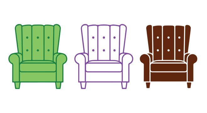 Set of three colorful armchairs in green purple and brown with wooden legs and modern design for stylish living room