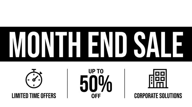 Bold month end sale banner with up to 50 off discount limited time offers icon and corporate solutions building graphic modern swiss style design for retail promotions
