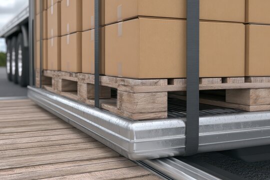 Securely loaded cardboard boxes on wooden pallets, strapped and ready for transportation in a truck.