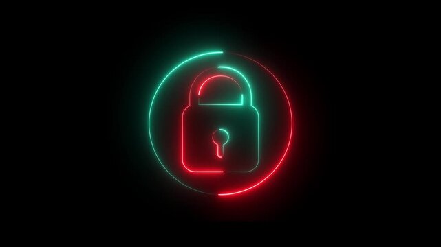 Glowing Neon Security lock icon on black background . safety security privacy padlock icon.
