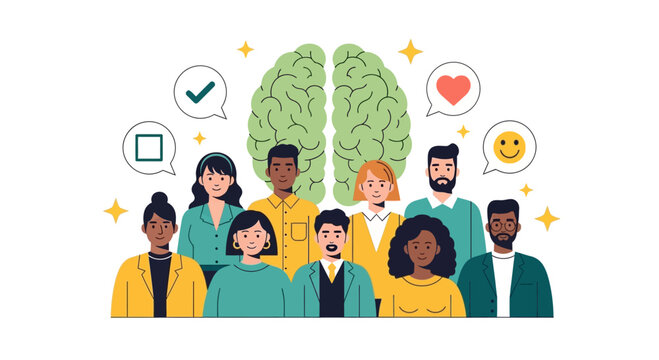Diverse group of people standing together with a brain illustration above.