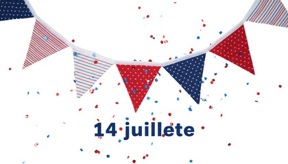 Obraz premium Bastille Day 14 Juillete celebration bunting, French national day patriotic flags with confetti, festive blue white and red tricolor garland isolated PNG with Transparent Background
