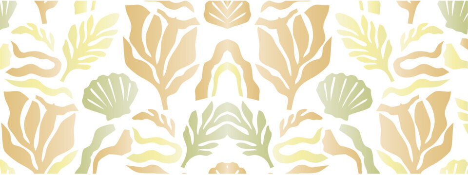 Pastel seaweed and seashells seamless pattern in beige and green