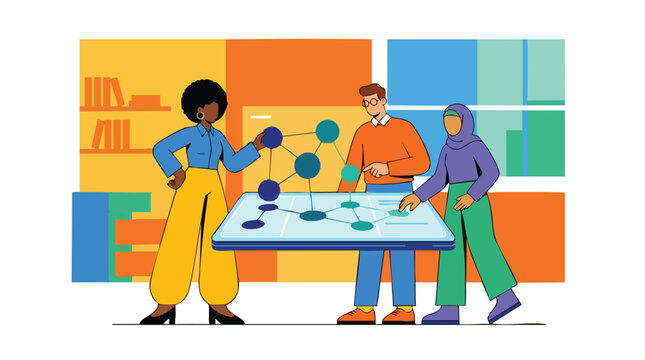 Diverse cross-functional team collaborating on complex data visualization and network connectivity strategy in a modern tech workspace