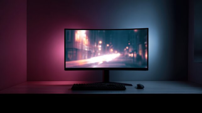 Curved gaming monitor on modern desk setup with neon lighting
