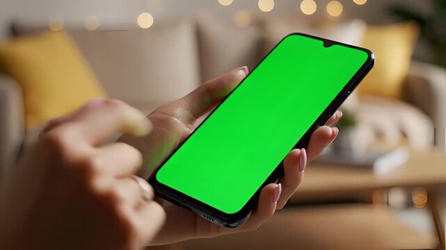 Close up of hands holding a smartphone with a green screen in a cozy living room setting.