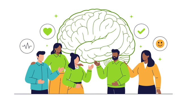 Diverse group of people standing together with a large brain icon illustrating mental health and collective wellbeing.