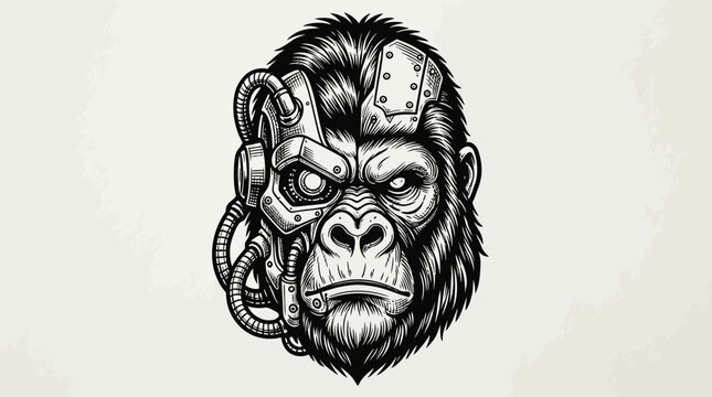 Cyborg Gorilla Head Vector Illustration with Mechanical Implants