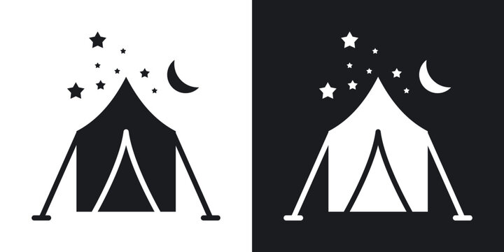 Night camping icons in solid black and white collection
