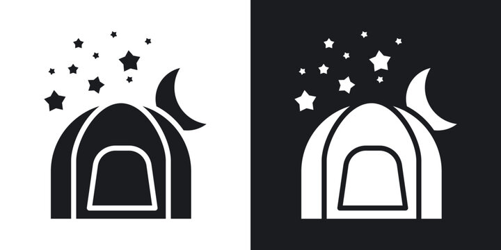 Night camping icons in solid black and white collection