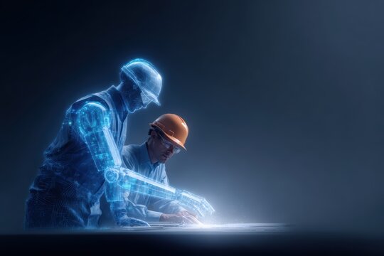 Human working alongside AI copilot hologram helping with tasks, future workplace collaboration concept