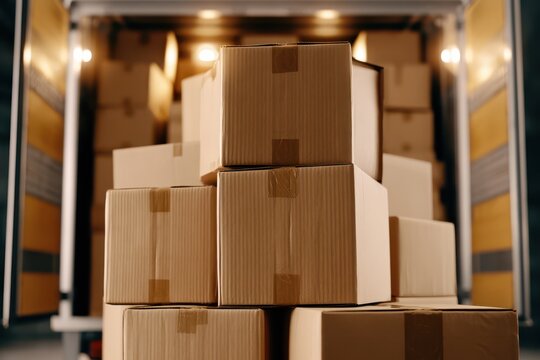 Stacked cardboard boxes filling the back of a delivery truck, ready for shipment and logistics.