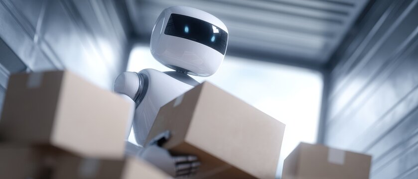 Robot assistant helping delivery driver sort packages in truck
