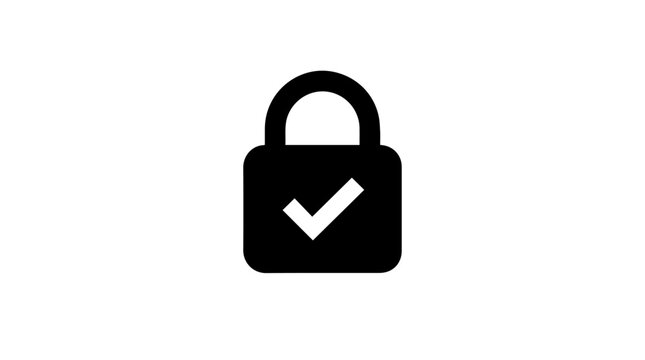 Padlock Vector Illustration | Black Silhouette Security Icon with Check Mark | Editable Graphic for Privacy, Protection, and Authentication Design Projects