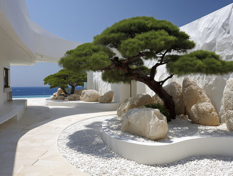 Luksusowe patio z basenem i minimalistycznym ogrodem zen. Duże drzewko bonsai rośnie pośr&oacute;d jasnych głaz&oacute;w i żwiru na tle panoramicznego widoku na spokojne morze i horyzont.