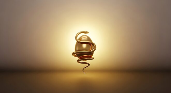 Golden egg encircled by snake illuminated against warm background