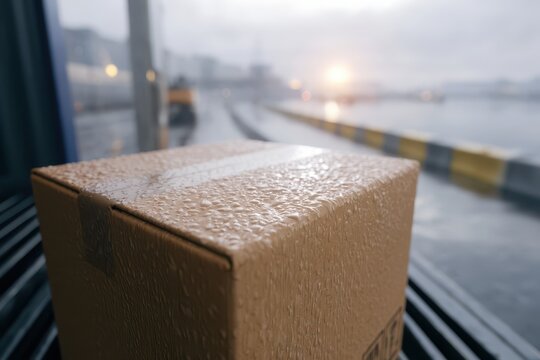 Cardboard shipping box covered in raindrops on a wet industrial dock with blurred background lights