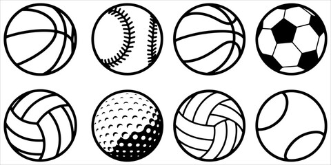 Obraz premium Set of sports ball silhouette icons including baseball basketball soccer volleyball tennis and golf ball designs isolated on light background for recreation and athletic themes
