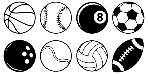 Fototapeta premium Set of sports ball silhouette icons including baseball basketball soccer volleyball tennis and golf ball designs isolated on light background for recreation and athletic themes