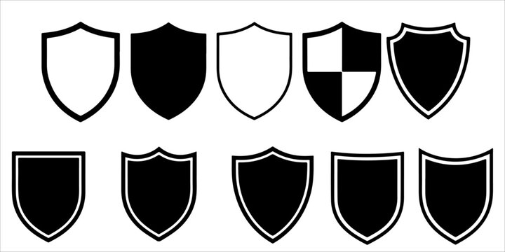 Collection of heraldic shield silhouette icons with classic security emblem and badge shapes isolated on light background for protection branding gaming and logo design