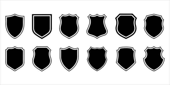 Collection of heraldic shield silhouette icons with classic security emblem and badge shapes isolated on light background for protection branding gaming and logo design