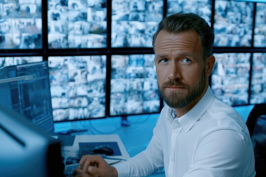 A focused security guard in a white shirt monitors multiple CCTV surveillance screens in a control room.