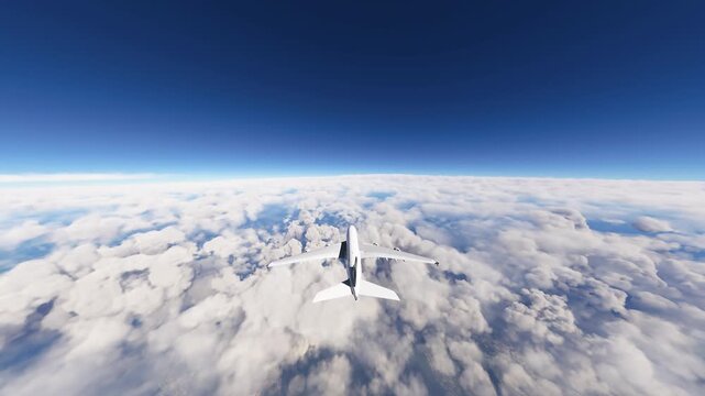 Jumbo Jet Soaring Above Fluffy Clouds with Expansive Blue Sky Horizon.