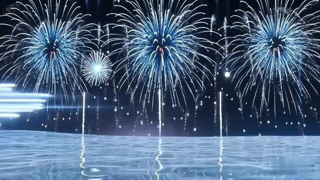 Aerial view of vibrant fireworks exploding over calm water at night