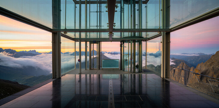 Glass enclosed observation deck on top of a mountain overlooking clouds during a sunrise with observation mountain panoramic architecture landscape altitude structure building