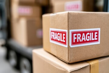Cardboard boxes with large red 'FRAGILE' stickers stacked for shipping and delivery, logistics.