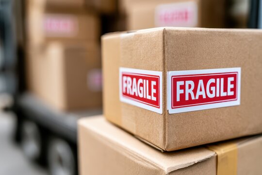 Cardboard boxes with large red 'FRAGILE' stickers stacked for shipping and delivery, logistics.