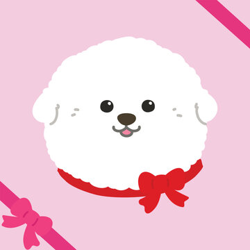 Simple and adorable white Bichon Frise head with a red ribbon