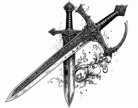 Ornate crossed swords with floral design black and white illustration