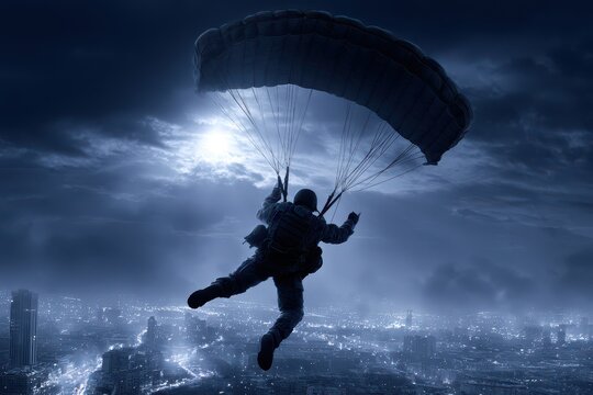 A lone paratrooper descends over a sprawling, illuminated cityscape at night under a dramatic, cloudy sky.