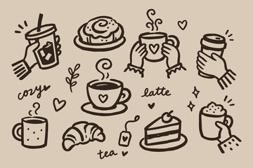 Fototapeta na wymiar Cozy Coffee and Tea Elements Set Brown Doodle Sketch Vector